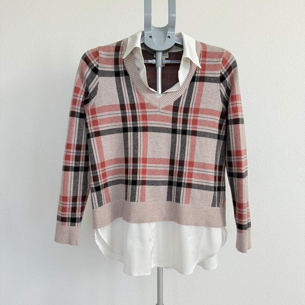 Adrienne Vittadini Pink Plaid V-Neck Sweater